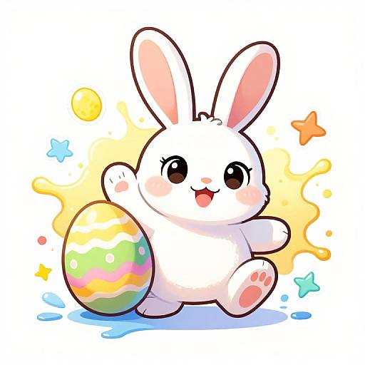 Cute digital drawing of a white bunny with pink inner ears, holding a colorful striped Easter egg, surrounded by stars and splashes.