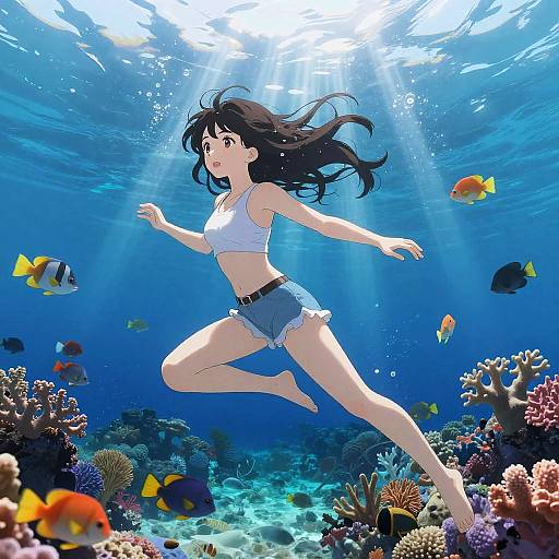 Anime Girl Underwater with Coral Reef