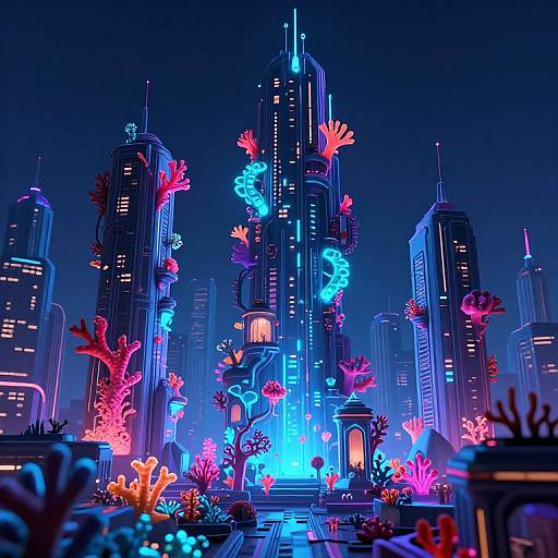 Neon-lit futuristic cityscape with glowing blue and pink coral-like structures adorning skyscrapers; vibrant, cyberpunk-inspired digital art.