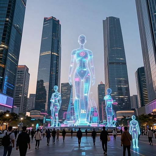 Photograph of neon-lit, glowing human figures in a city plaza at dusk, surrounded by tall skyscrapers, with people walking below.