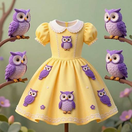 Photograph of a yellow children's dress with purple owl appliqués, surrounded by six purple owls perched on branches.
