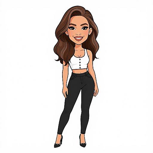 Digital cartoon of a smiling woman with long brown hair, wearing a white crop top, black pants, and black heels.