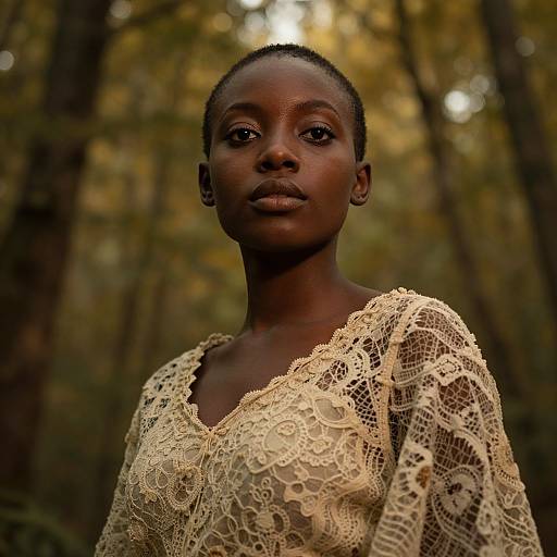 Photograph of a young African woman with dark skin, short hair, wearing a detailed, lace beige top, standing in a sunlit forest.