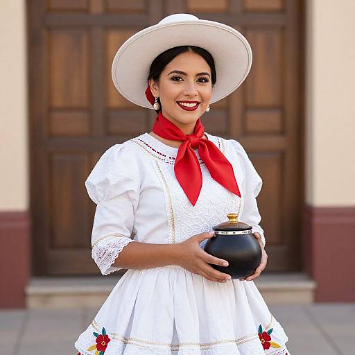 Photograph of a smiling Latina woman in a white traditional dress, red scarf, white hat, holding a black pot, standing in front of a wooden
