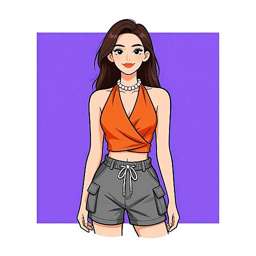 Digital anime-style drawing of a young woman with long brown hair, wearing an orange halter top and gray cargo shorts, against a purple background. She