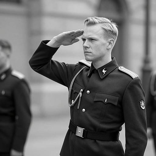 Black-and-white photograph of a young, handsome male soldier with short, slicked-back hair, saluting with a serious expression, wearing a dark,