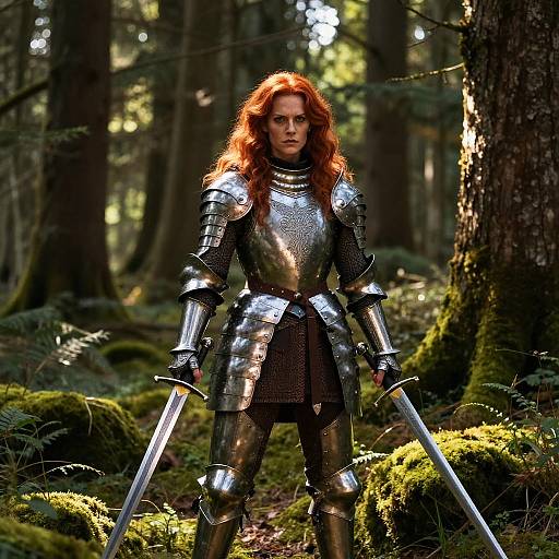 Photorealistic CGI of a fierce, red-haired woman in shiny silver armor, holding two swords, standing in a lush, sun-dappled forest