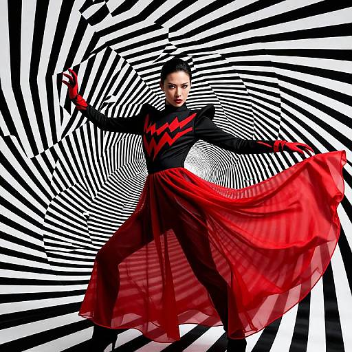 Photograph of a woman with dark skin and red lipstick, wearing a black and red striped top, red sheer skirt, and black gloves, standing against