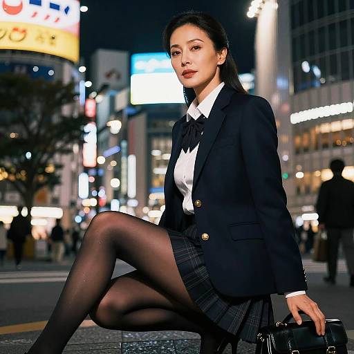 Mature Woman in JK Uniform in Tokyo Night Street