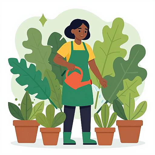 Digital illustration of a dark-skinned woman with short black hair, wearing a green apron, yellow shirt, and green boots, watering plants with a