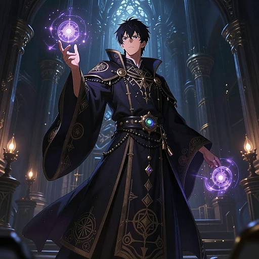 Anime-style digital illustration of a black-haired, blue-eyed mage in an ornate black robe, casting glowing purple magic circles in a dimly lit,