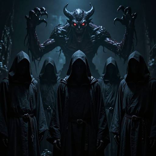 Hooded Figures Facing Menacing Demon