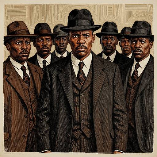 Illustration of six serious African American men in 19th-century suits and black hats, standing in a row, with detailed line art background.