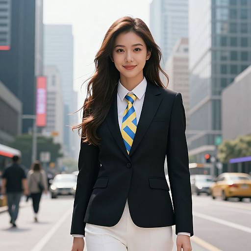 Photograph of an attractive Asian woman with long black hair, wearing a black blazer, white shirt, and yellow-blue striped tie, standing confidently in