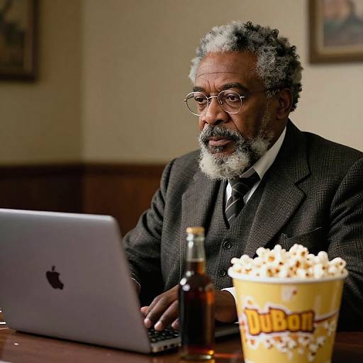 Photograph of an older Black man with gray curly hair, glasses, and beard, in a dark suit, sitting at a table with a laptop,