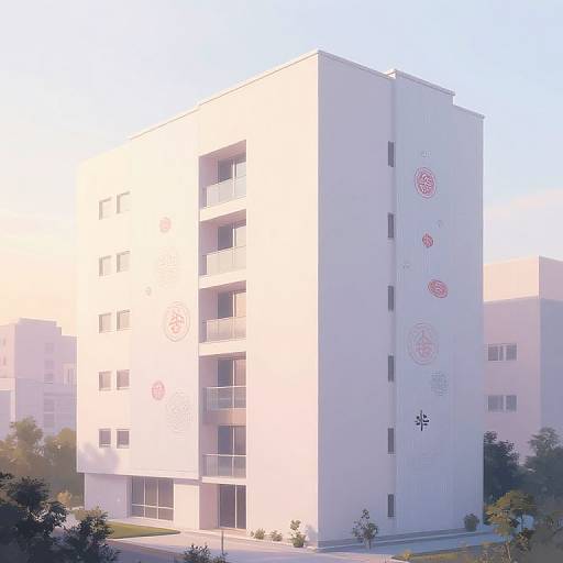 Photograph of a modern, white, rectangular apartment building with multiple windows, red circular logos, and small trees in the foreground.