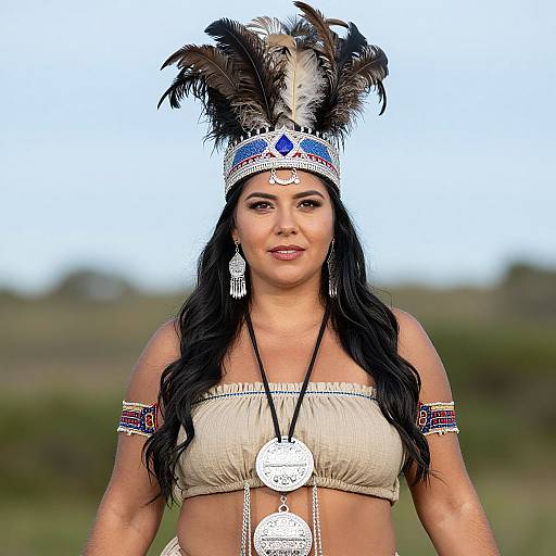 Photograph of a woman with long black hair, wearing a Native American headdress, beige off-shoulder top, and beaded arm bands,
