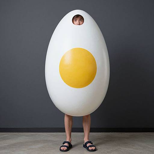 Photograph of a person wearing a large, white egg-shaped costume with a yellow yolk and visible face, standing against a dark gray wall, wearing