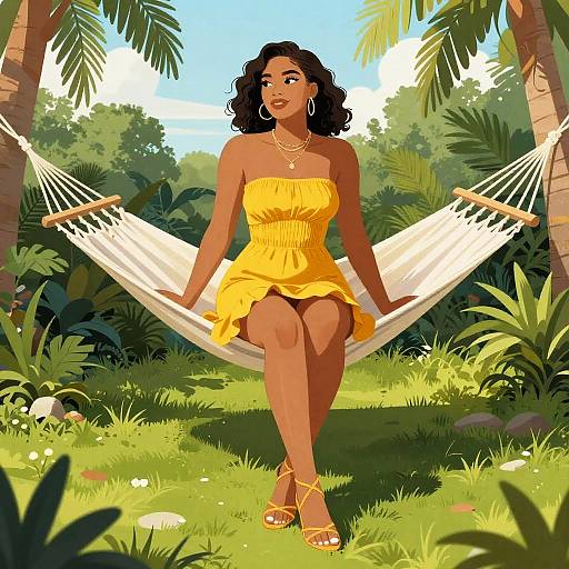 Digital illustration of a dark-skinned woman with curly hair, wearing a yellow strapless dress and sandals, sitting in a white hammock amidst lush green