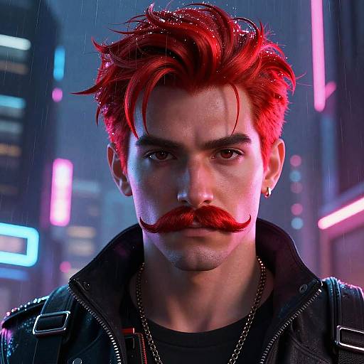 Cyberpunk Redhead with Neon Mustache