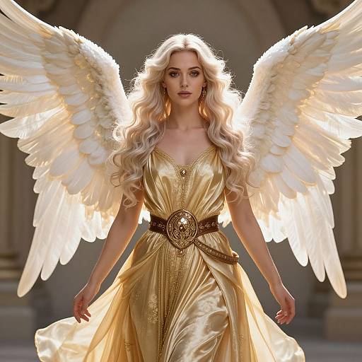 Digital art of a blonde woman with large, glowing white wings, wearing a golden, flowing dress with a brown belt, standing in a dimly lit
