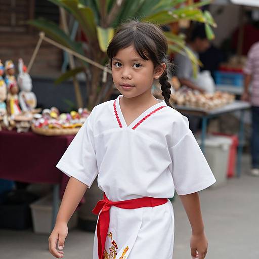 Photograph of a young Asian girl with dark hair in a braid, wearing a white kimono with red trim and belt, standing in front of