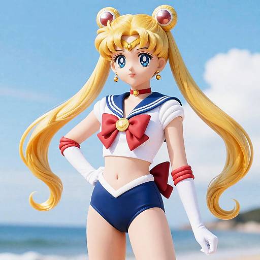 CGI anime-style image of Sailor Moon with long blonde twin-tails, blue eyes, red bow, white sailor uniform, and navy blue shorts,