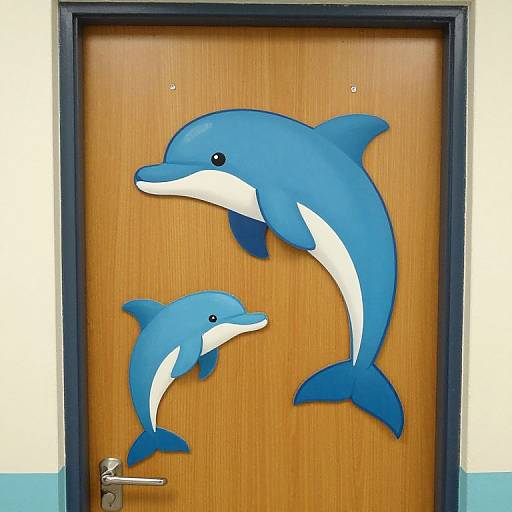 Photograph of a wooden door with two blue and white dolphin stickers, one larger and one smaller, above a silver handle.