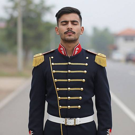 Photograph of a young man with dark hair and mustache, wearing a black military uniform with gold epaulettes, red cuffs, and white