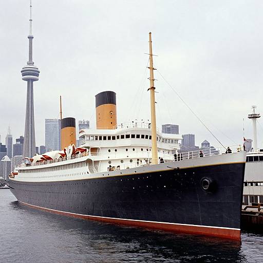 Photograph of a large, black and white steamship with two orange funnels docked beside a cityscape featuring the CN Tower.