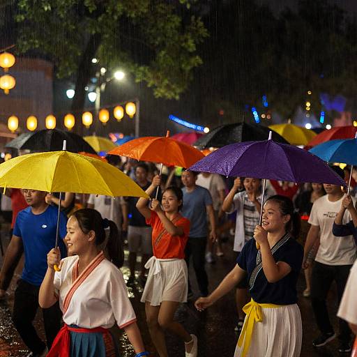 Vibrant Nighttime Festival Under Rain