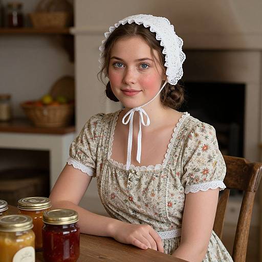 Photograph of a young girl with fair skin and blue eyes, wearing a white lace headband, floral dress, and white ribbon, sitting at a