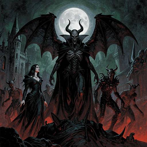 Digital illustration of a dark gothic scene with a large moon, a demonic figure with wings and horns, a pale woman in black, and demonic warriors