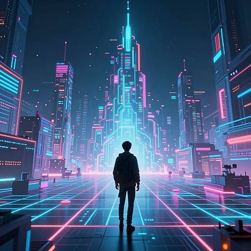 Digital artwork of a silhouetted figure standing in a neon-lit futuristic cityscape with glowing skyscrapers and vibrant blue, pink, and