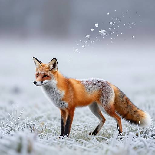 Photograph of a red fox standing in a snow-covered field, with white snowflakes surrounding its head, against a blurred, wintry background.