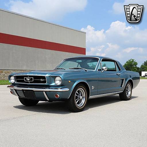 Photograph of a sleek, blue 1969 Ford Mustang fastback with chrome accents, parked in front of a gray and red warehouse under a bright