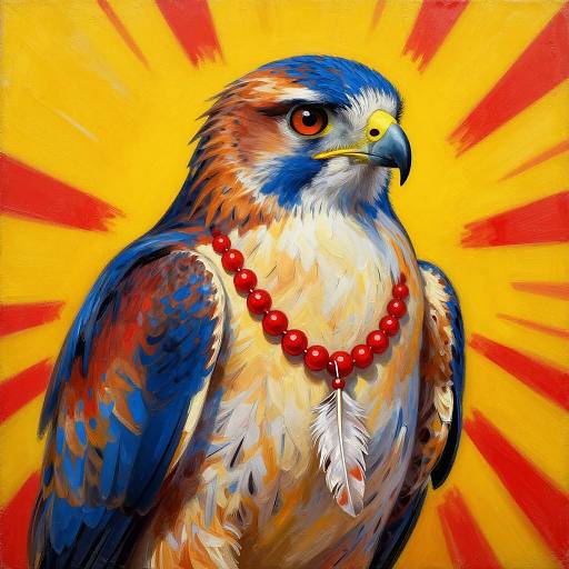 Digital painting of a colorful hawk with blue, orange, and white feathers, wearing a red bead necklace and white feather, against a radiant yellow and red