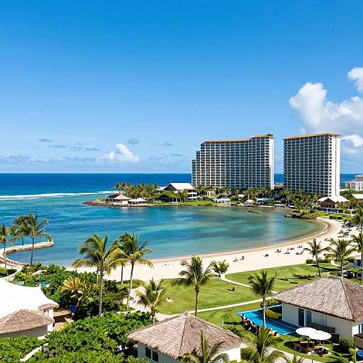 Photograph of a tropical beach resort with blue ocean, white sandy shore, two high-rise hotels, palm trees, and lush greenery.