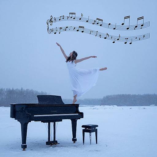 A barefoot woman in a flowing white dress dances on a black grand piano in a snowy landscape, with musical notes floating above. Photographic image.