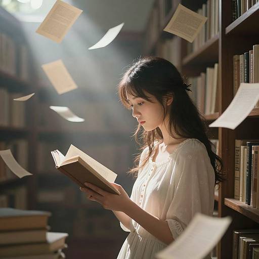 Photograph of an Asian woman with long black hair, wearing a white, sheer blouse, reading a book in a sunlit library, with papers flying