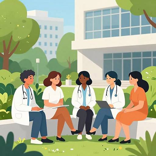 Digital illustration of five diverse doctors, three men and two women, sitting on a white bench outside a modern hospital, discussing on tablets, with greenery