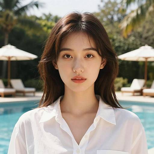 Photograph of a young Asian woman with long brown hair, fair skin, and brown eyes, wearing a white button-up shirt, standing poolside with