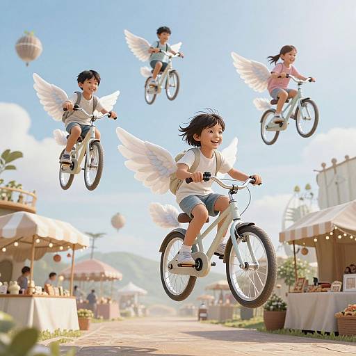 Digital illustration of four Asian children with angel wings flying on bicycles in a sunny, outdoor market with umbrellas.