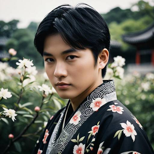 Young Asian Man in Floral Kimono Outdoors