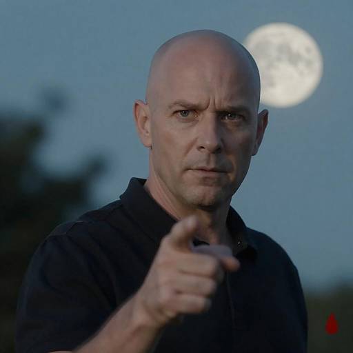 Bald Man Pointing Under Moonlit Sky