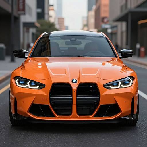 Photograph of a bright orange BMW sports car with aggressive LED headlights parked on a city street, surrounded by blurred buildings.