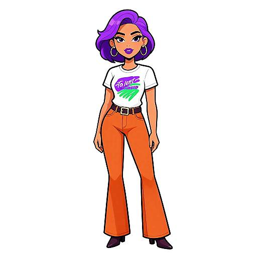 Digital illustration of a confident woman with purple hair, wearing a white 