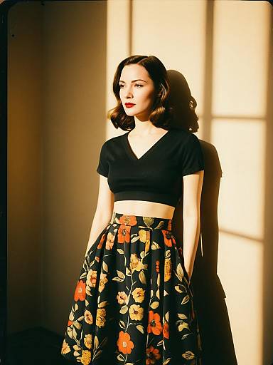 Woman in Black Crop Top and Floral Skirt