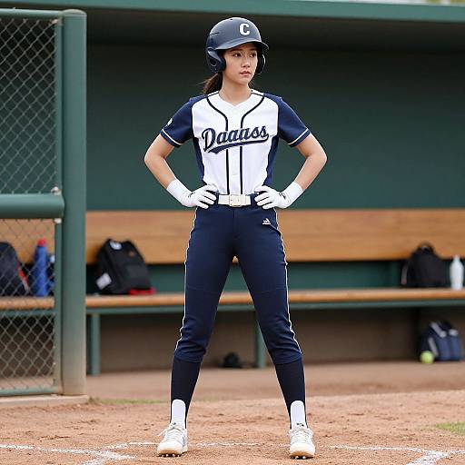 Photograph of a serious young female softball player in black and white uniform, helmet, gloves, and cleats, standing on dirt field, hands on