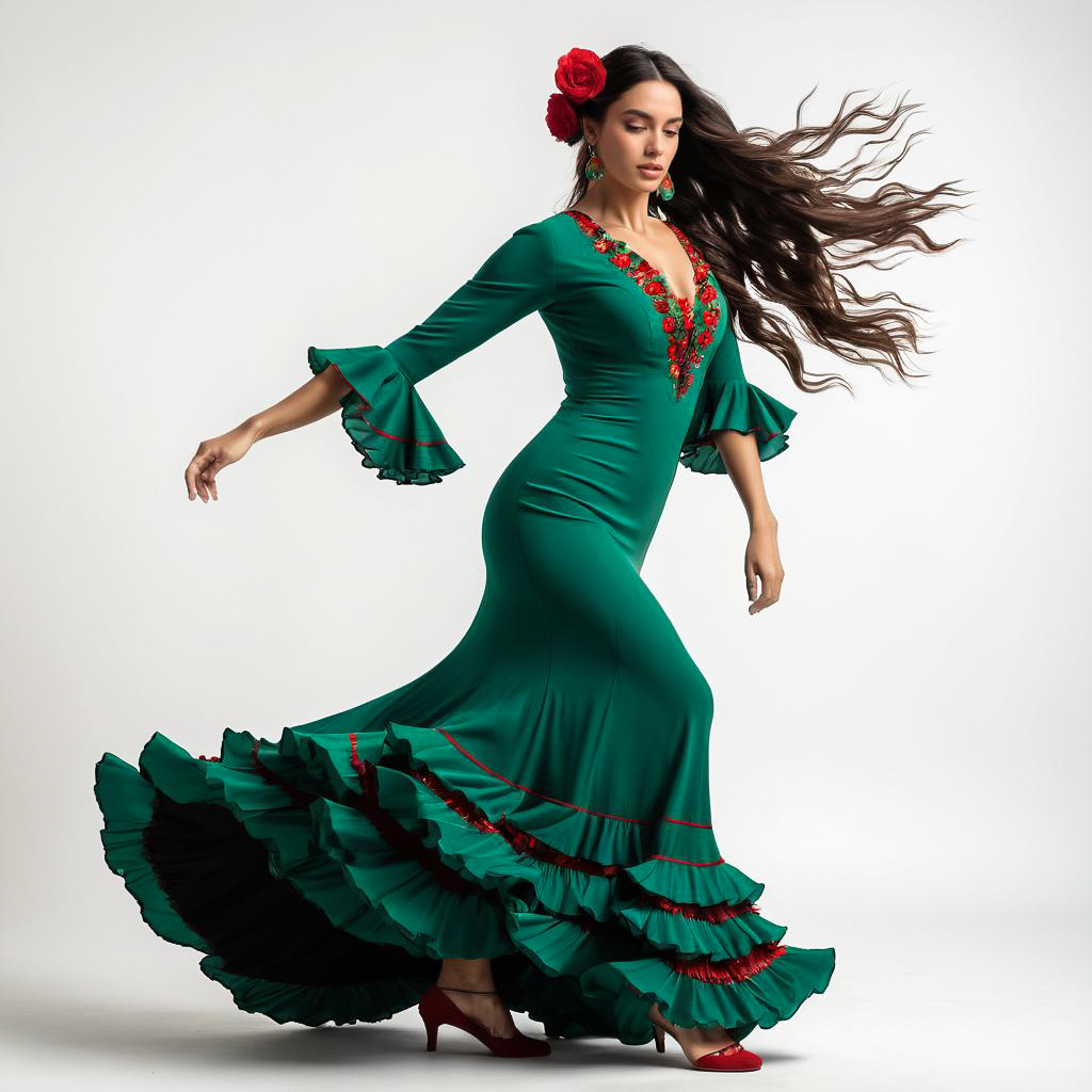 Elegant Spanish Woman in Flamenco Dress